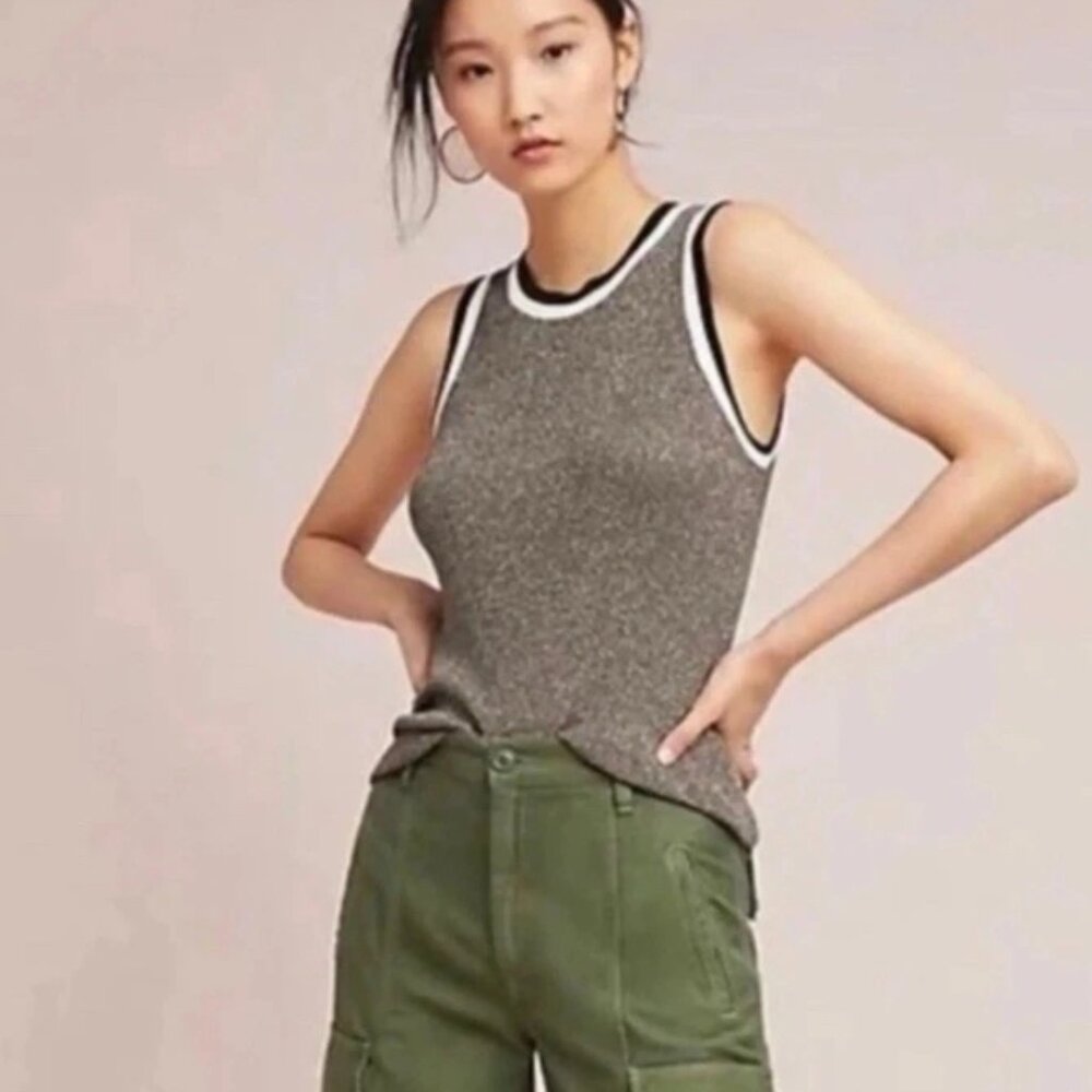 Anthropologie | Moth Valeria Metallic Sleeveless Tank Top Black and White Trim